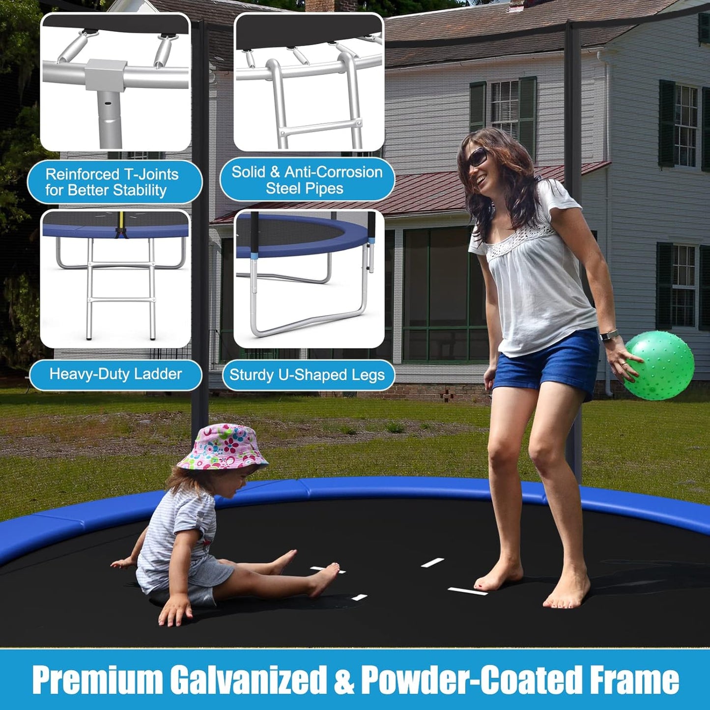 8Ft 10Ft 12Ft 14Ft 15Ft 16Ft Trampoline for Kids Adults, ASTM Approved Trampoline with Net, Thickness Steel Pipes Wear-Resistant All Weather Outdoor Large Recreational Trampoline with Ladder