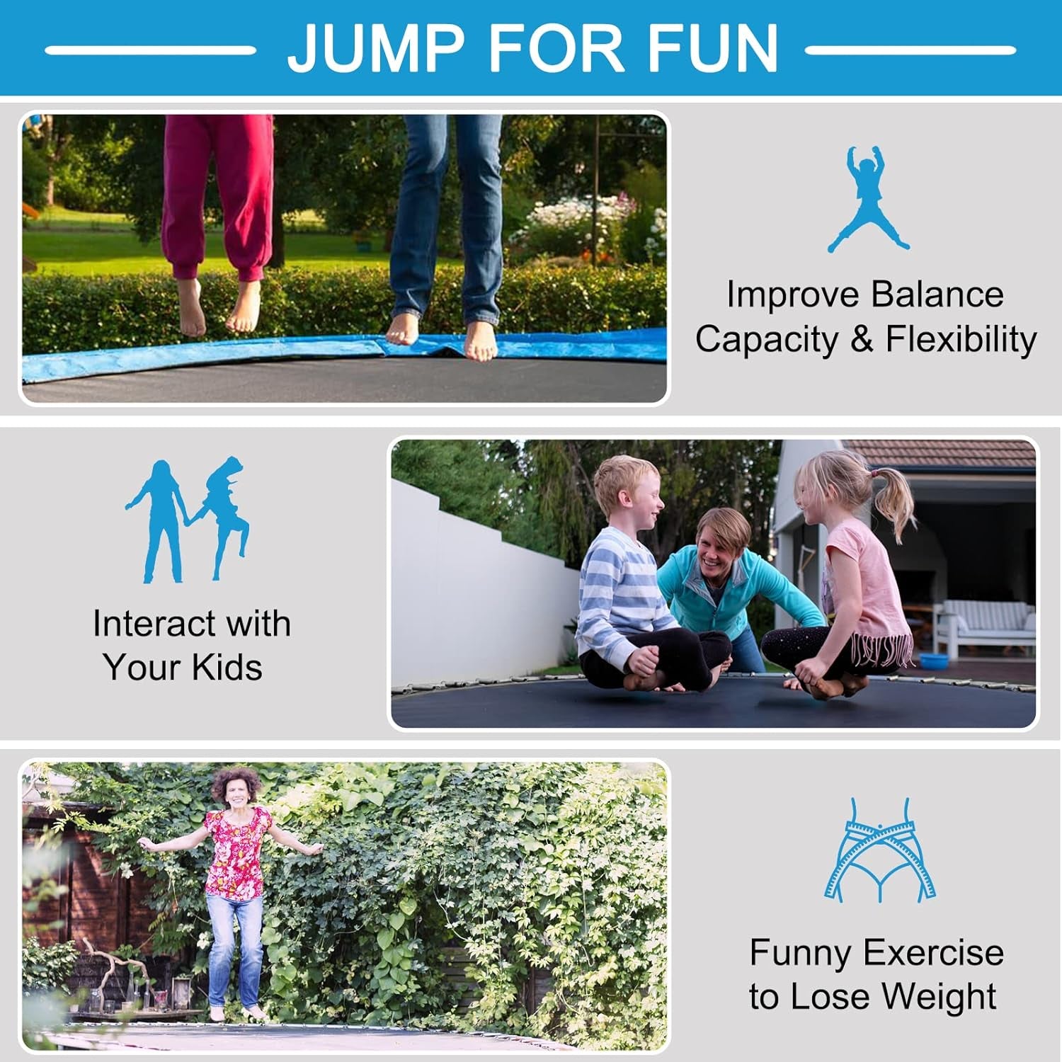 8Ft 10Ft 12Ft 14Ft 15Ft 16Ft Trampoline for Kids Adults, ASTM Approved Trampoline with Net, Thickness Steel Pipes Wear-Resistant All Weather Outdoor Large Recreational Trampoline with Ladder