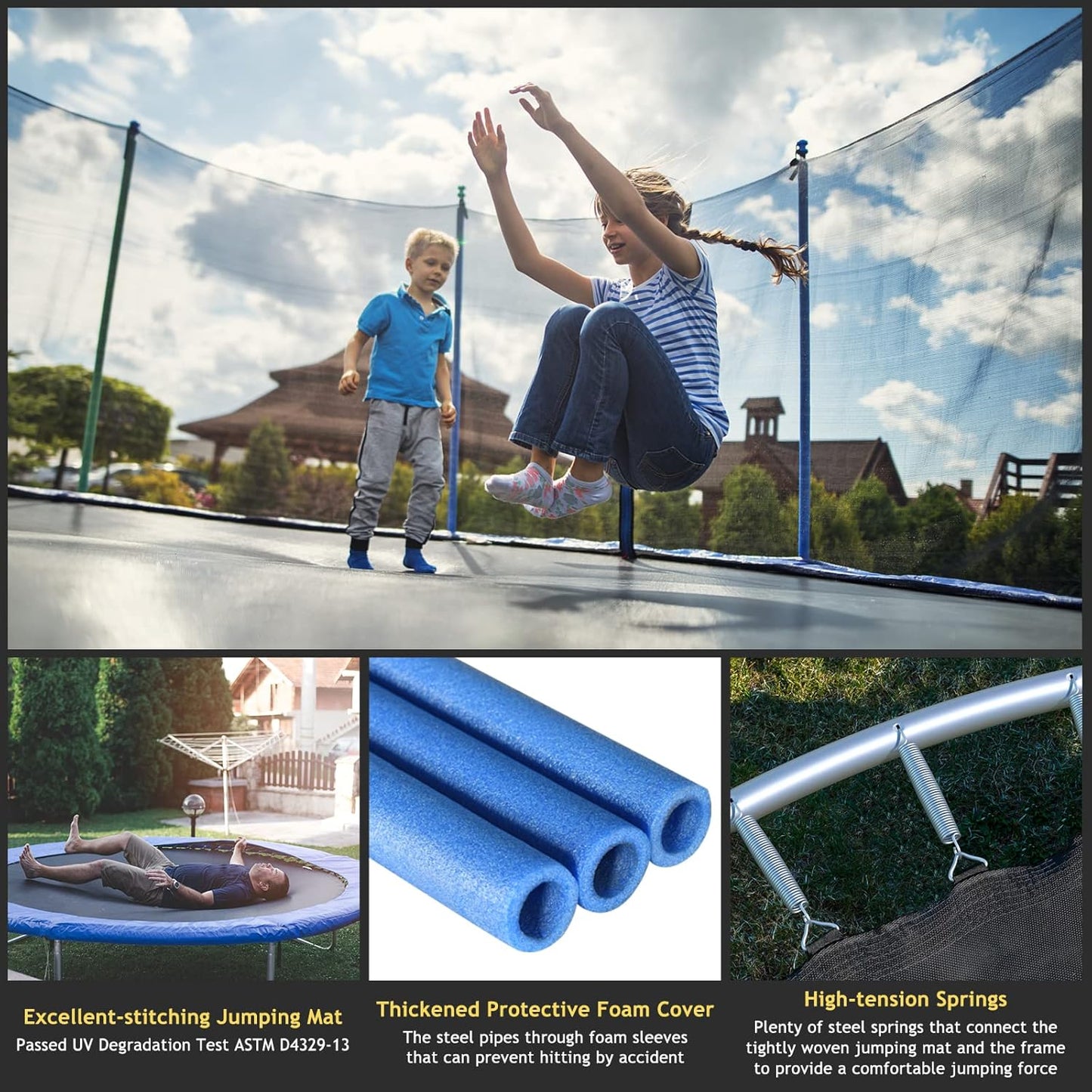 8Ft 10Ft 12Ft 14Ft 15Ft 16Ft Trampoline for Kids Adults, ASTM Approved Trampoline with Net, Thickness Steel Pipes Wear-Resistant All Weather Outdoor Large Recreational Trampoline with Ladder