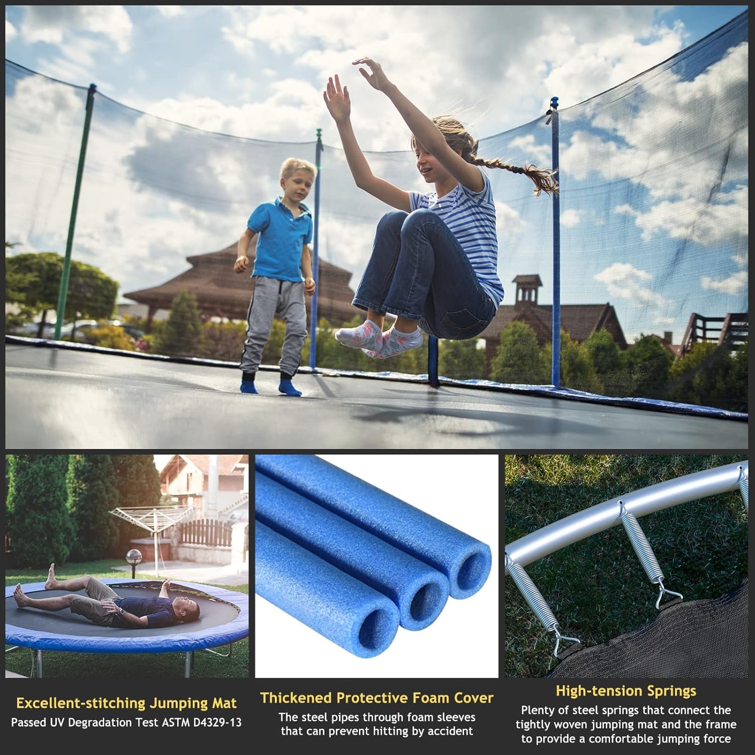 8Ft 10Ft 12Ft 14Ft 15Ft 16Ft Trampoline for Kids Adults, ASTM Approved Trampoline with Net, Thickness Steel Pipes Wear-Resistant All Weather Outdoor Large Recreational Trampoline with Ladder
