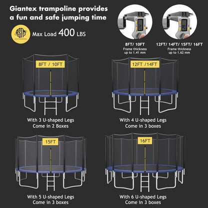 8Ft 10Ft 12Ft 14Ft 15Ft 16Ft Trampoline for Kids Adults, ASTM Approved Trampoline with Net, Thickness Steel Pipes Wear-Resistant All Weather Outdoor Large Recreational Trampoline with Ladder