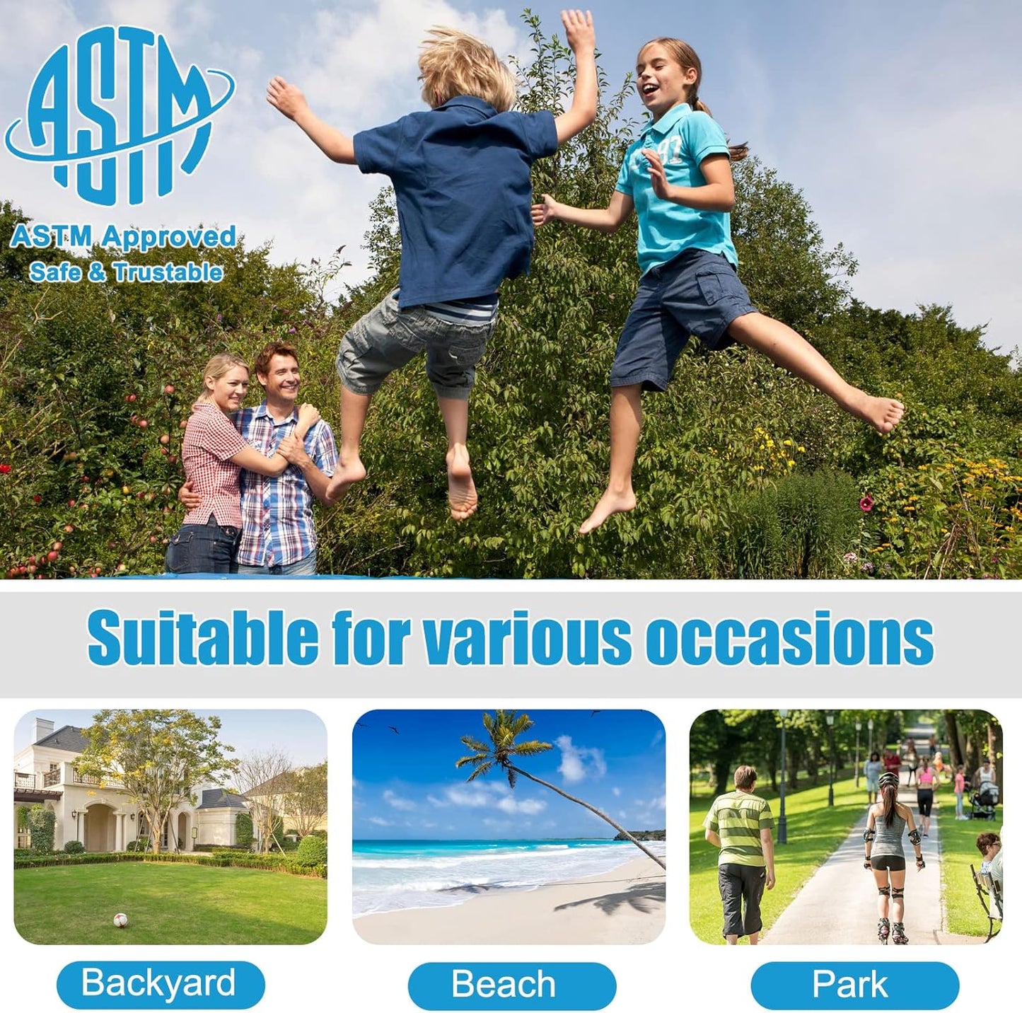 8Ft 10Ft 12Ft 14Ft 15Ft 16Ft Trampoline for Kids Adults, ASTM Approved Trampoline with Net, Thickness Steel Pipes Wear-Resistant All Weather Outdoor Large Recreational Trampoline with Ladder